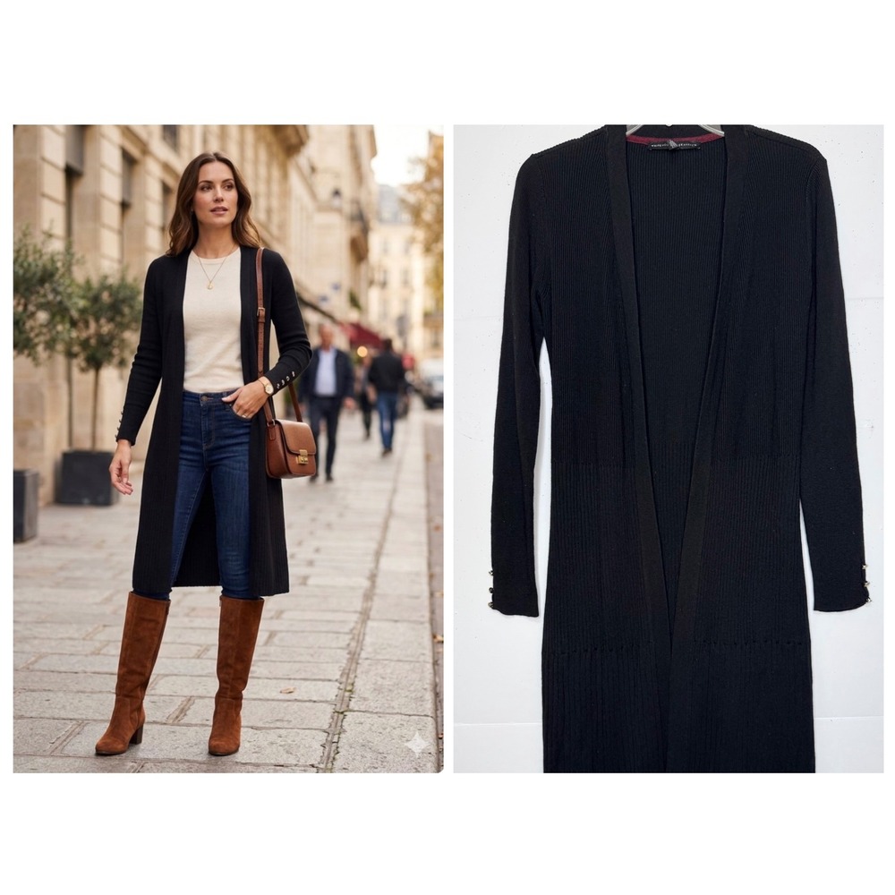 White House Black Market Cardigan Women M Black Ribbed Duster Minimalist Office